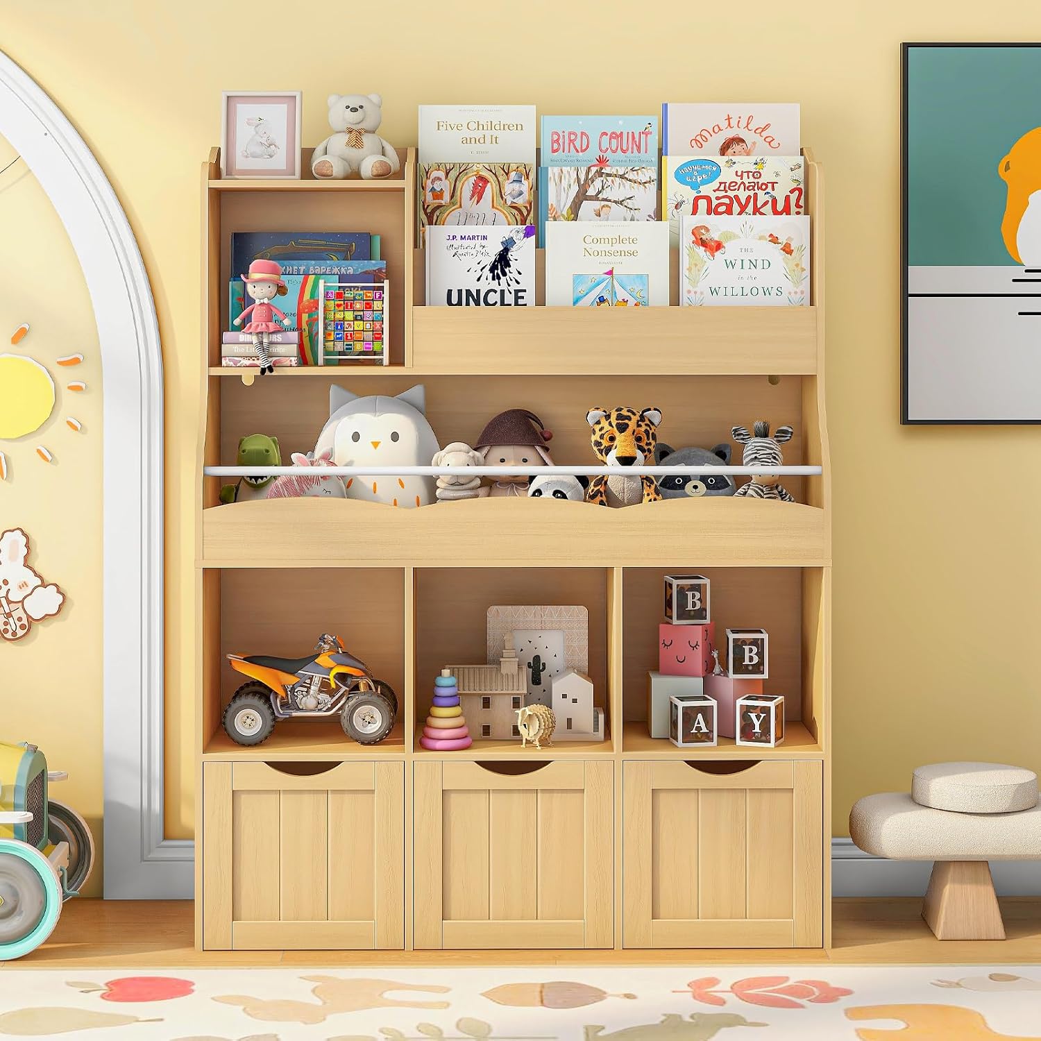Kids Toys Drawers - رف كتب خشبي للأطفال بثلاث طبقات